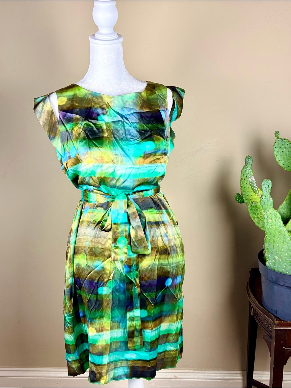 100% Silk Ali Ro Watercolor Stripe Tie-Waist Blouson Dress Size 8 Art to Wear